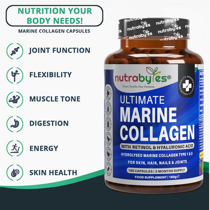 Marine Collagen Capsules Types 1 & 3 with Hyaluronic Acid & Vitamin C | 180 Capsules | 3-Month Supply | UK Made
