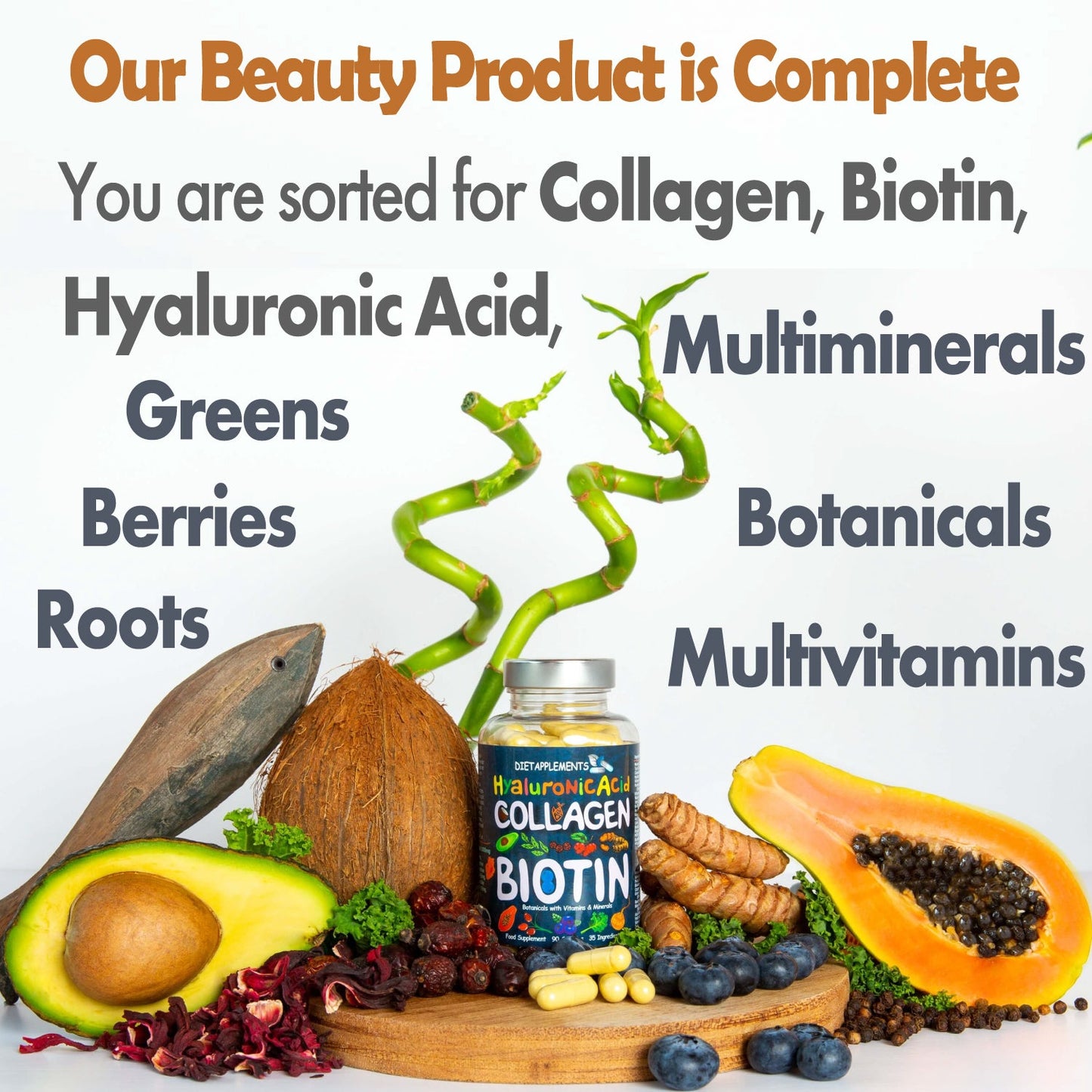 Complete Hair, Skin, Nails Supplement! Marine Collagen, Hyaluronic Acid, Biotin, Vitamins, Minerals, Superfood - 35 Ingredients