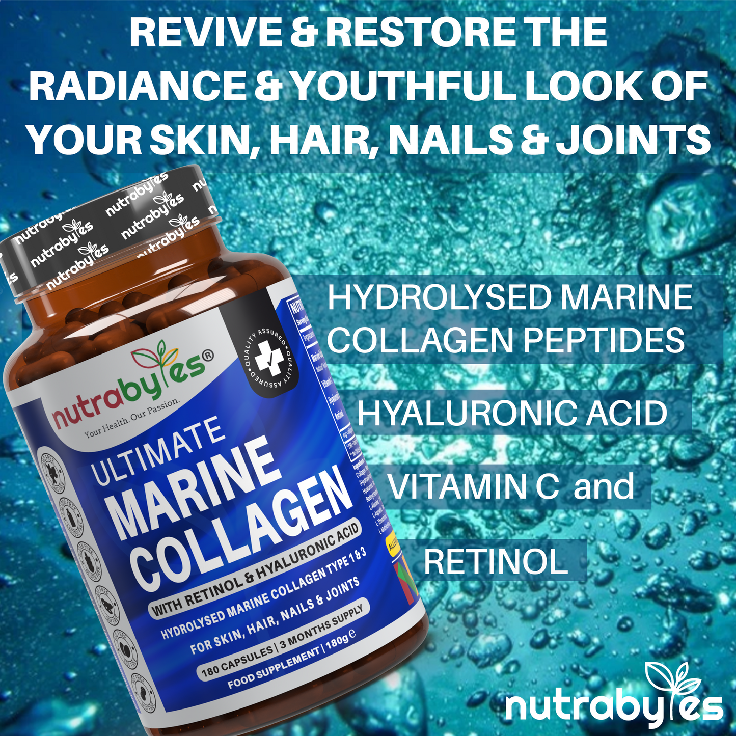 Marine Collagen Capsules Types 1 & 3 with Hyaluronic Acid & Vitamin C | 180 Capsules | 3-Month Supply | UK Made