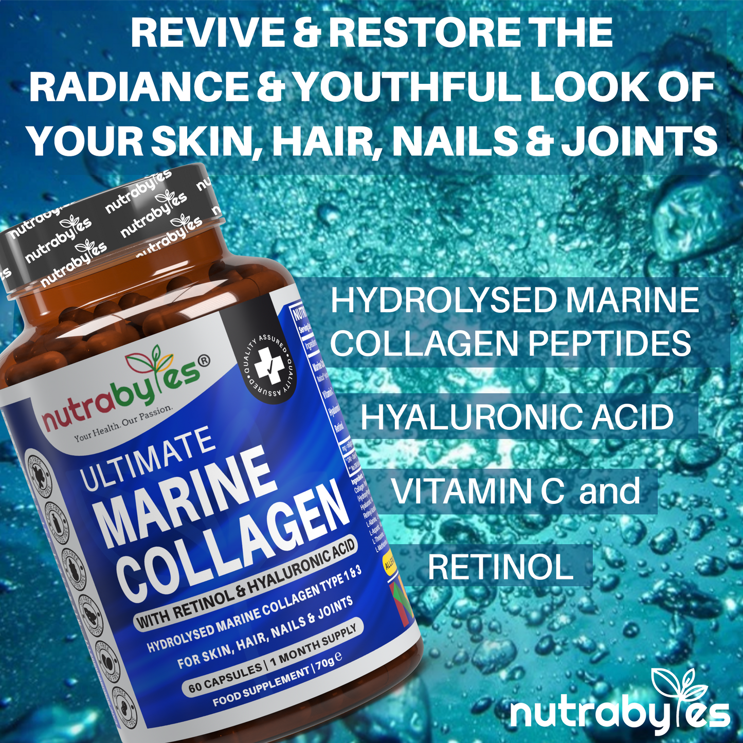 Marine Collagen Capsules Types 1 & 3 with Hyaluronic Acid & Vitamin C | 60 Capsules | 1-Month Supply | UK Made