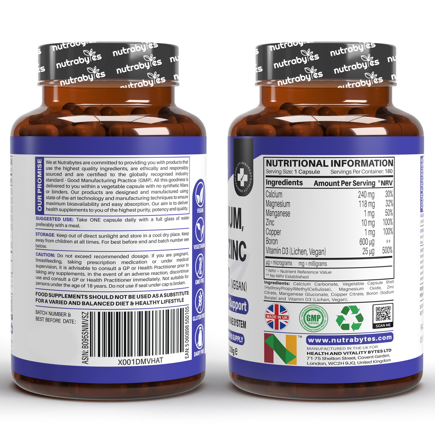 Magnesium, Calcium, Zinc & Vitamin D3 (Vegan D3) - Advanced Immunity Support, 6 Months Supply | Made in the UK