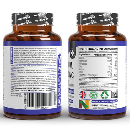 Magnesium, Calcium, Zinc & Vitamin D3 (Vegan D3) - Advanced Immunity Support, 6 Months Supply | Made in the UK