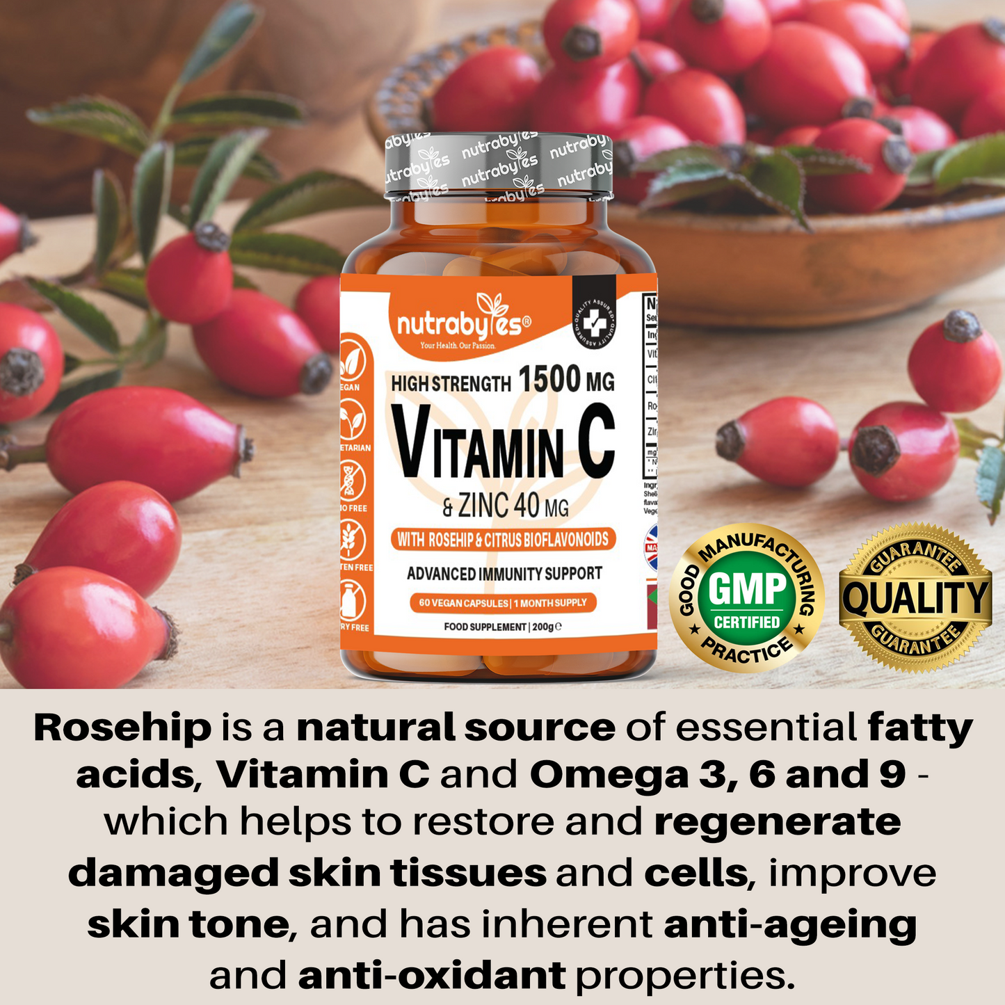 High Strength Vitamin C and Zinc | Advanced Immunity Support | 60 Vegan Capsules | 1 Month Supply | Made in the UK