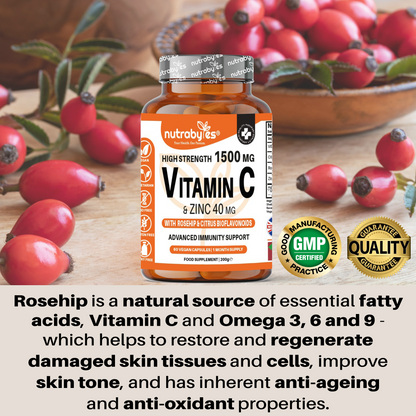 High Strength Vitamin C and Zinc | Advanced Immunity Support | 60 Vegan Capsules | 1 Month Supply | Made in the UK