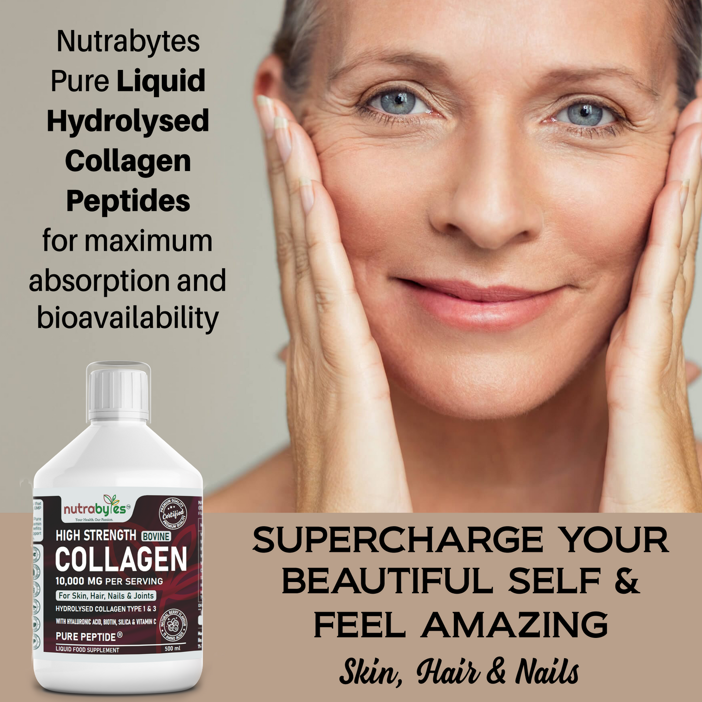 High-Strength Liquid Bovine Collagen Supplement for Women and Men, 10,000 mg Liquid Collagen with Hyaluronic Acid and Vitamin C, 19 Amino Acids,  Collagen Types 1 and 3, Berry Flavoured, Halal & Kosher certified