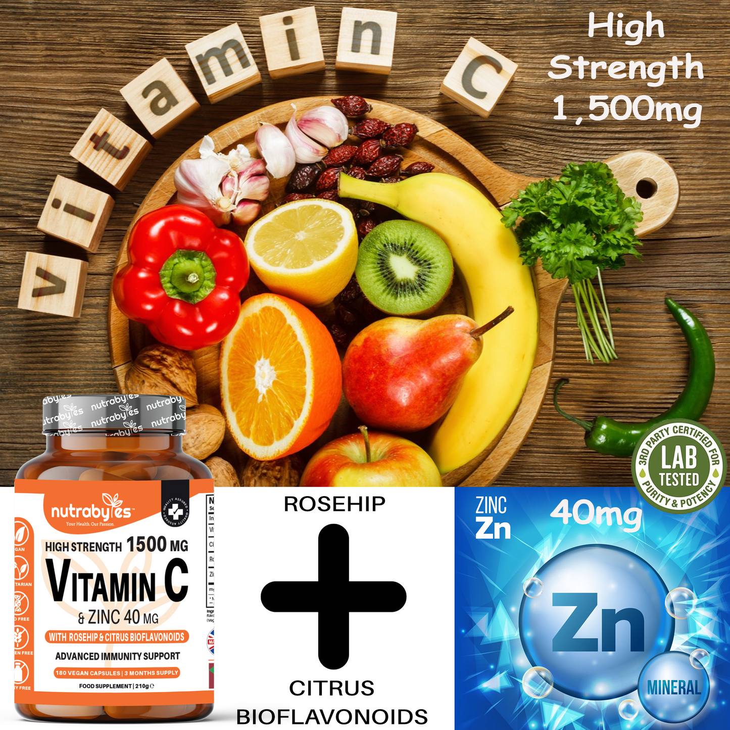 High Strength Vitamin C 1500mg and Zinc 40mg | High Strength Vegan Capsules | Advanced Immunity Support | Sugar free | 3 Months Supply | Made in the UK