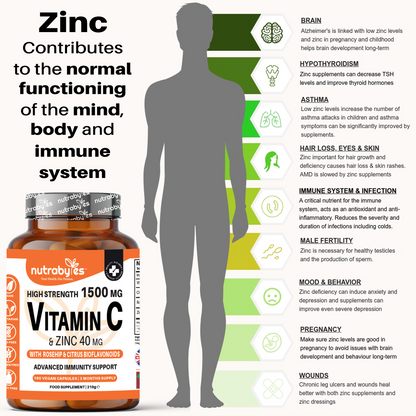 High Strength Vitamin C 1500mg and Zinc 40mg | High Strength Vegan Capsules | Advanced Immunity Support | Sugar free | 3 Months Supply | Made in the UK