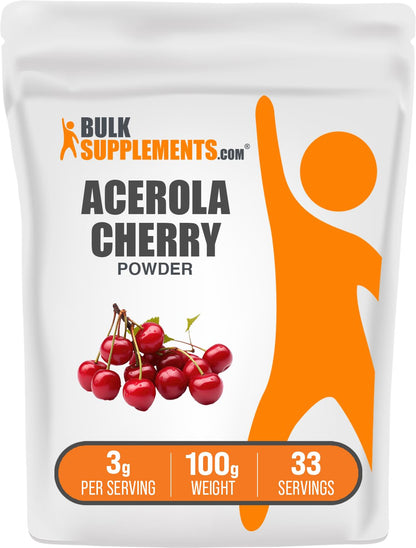 BulkSupplements.com Acerola Cherry Powder – Vitamin C, Gluten Free, 100g (3.5 oz) – 3g Serving