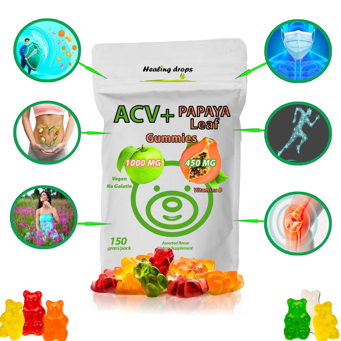 ACV Gummies & Papaya Leaf Extract Gummies – Premium Apple Cider Vinegar Supplement with Iodine, B6 & B12 for Hair, Skin & Heart | 50 Servings