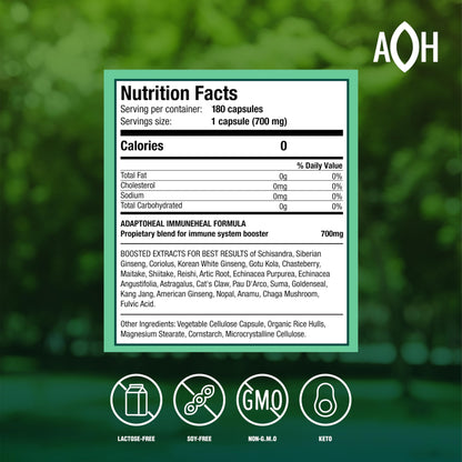 ADAPTOHEAL Immuneheal – Adaptogen Immune Booster with Schisandra Chinensis, Ginseng & Mushroom Extract (180 Capsules)