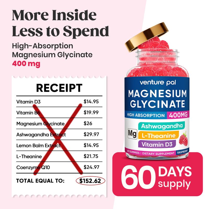 60 Day Supply Magnesium Glycinate Gummies 400mg with Ashwagandha, L-Theanine, CoQ10, Vitamin D3 & B6 – Sugar Free, Vegan & Gluten Free