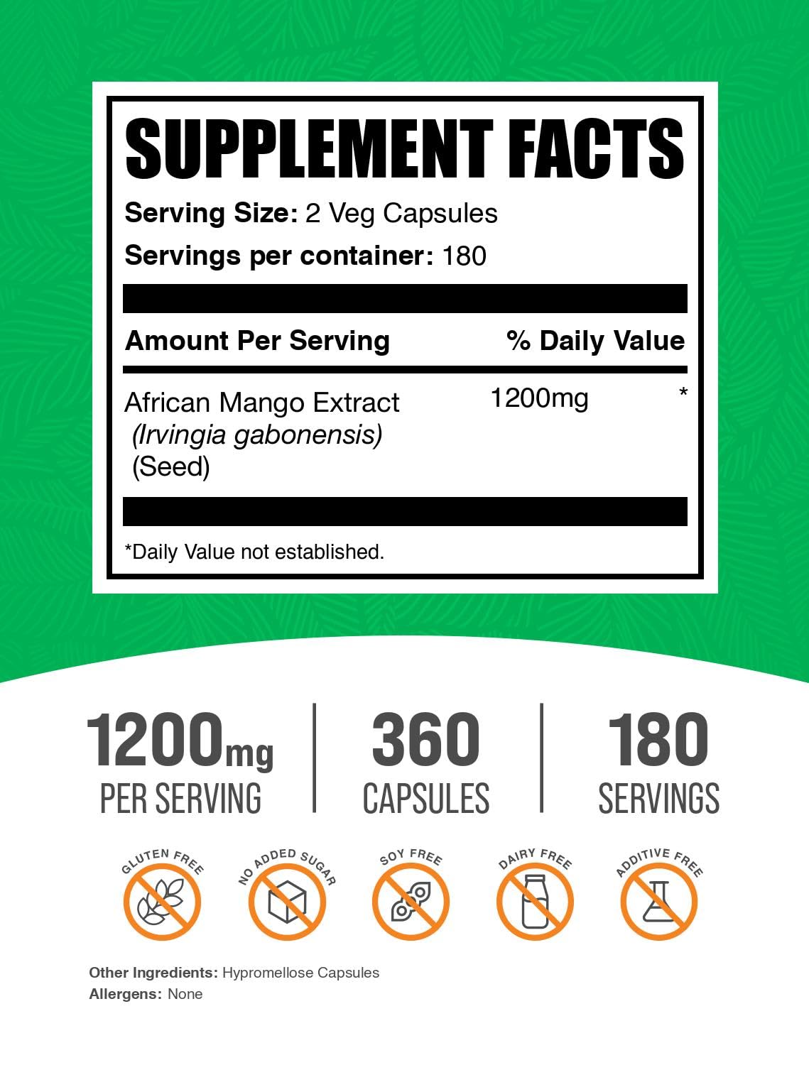 African Mango Extract Capsules 1200mg (Irvingia Gabonensis) – Vegan & Gluten-Free, 360 Capsules