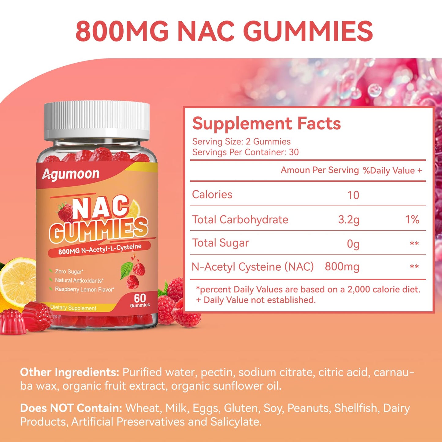 Agumoon NAC Gummies 800mg – Immune Support, Sugar-Free, 120 Vegan Gummies