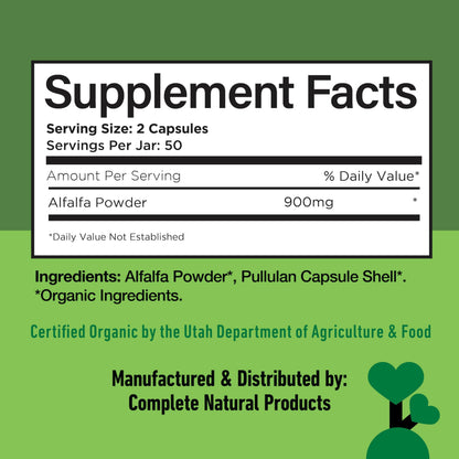 Pure Alfalfa Leaf Capsules 450mg - 100 Vegan, Organic | Complete Natural Products