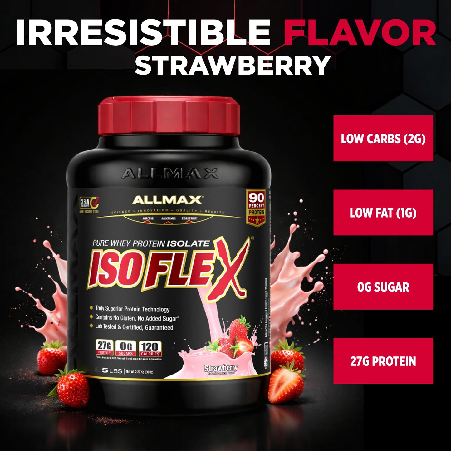 ALLMAX ISOFLEX Pure Whey Isolate – Gluten Free, Low Lactose, Sugar Free | Strawberry 5lb