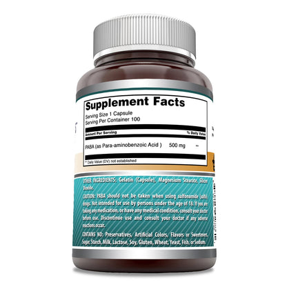 Amazing Formulas PABA 500 Mg Supplement – 100 Capsules, Non-GMO, Gluten-Free, Made in USA