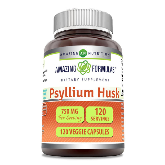 Amazing Formulas Psyllium Husk 750mg Veggie Capsules - Non-GMO & Gluten Free (120 Count) - Made in USA