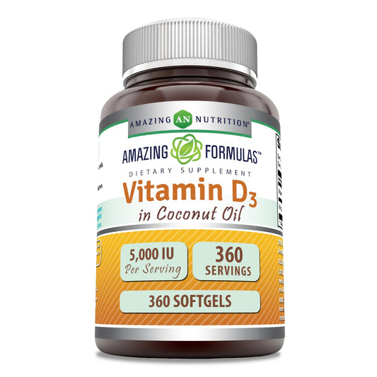 Amazing Formulas Vitamin D3 5000 IU in Coconut Oil – 360 Softgels – Non-GMO, Gluten-Free, Made in USA