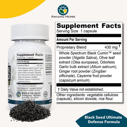 Amazing Herbs Whole Spectrum Black Seed Ultimate – Vegetarian Capsules (Olive Leaf, Garlic, Ginger, Cayenne) – Gluten Free & Vegan – 100 Count