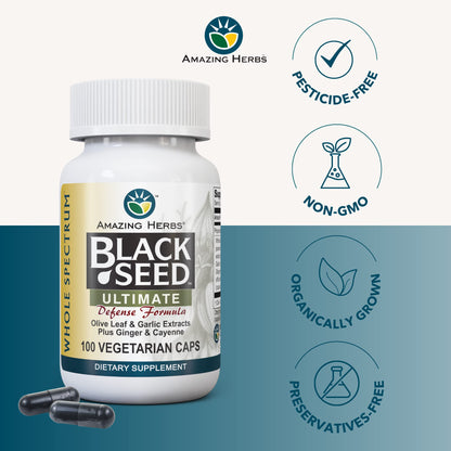 Amazing Herbs Black Seed Ultimate - Vegan Capsules with Olive Leaf & Cayenne | 100 Count
