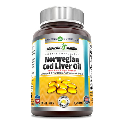 Amazing Omega Norwegian Cod Liver Oil 1250 Mg Softgels Supplement | Omega-3, EPA, DHA, Vitamin A, Vitamin D & Vitamin E (Lemon | 60 Count)