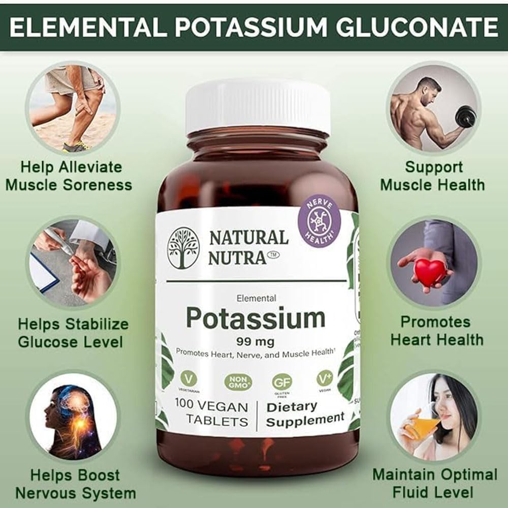 Natural Nutra Elemental Potassium Gluconate 99 mg – Dietary Supplement, 100 Vegan Tablets