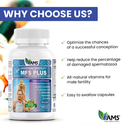 America Medic & Science MFS Plus Fertility Supplements for Men (120 Capsules) – Supports Sperm Motility & Count, Zinc & CoQ10