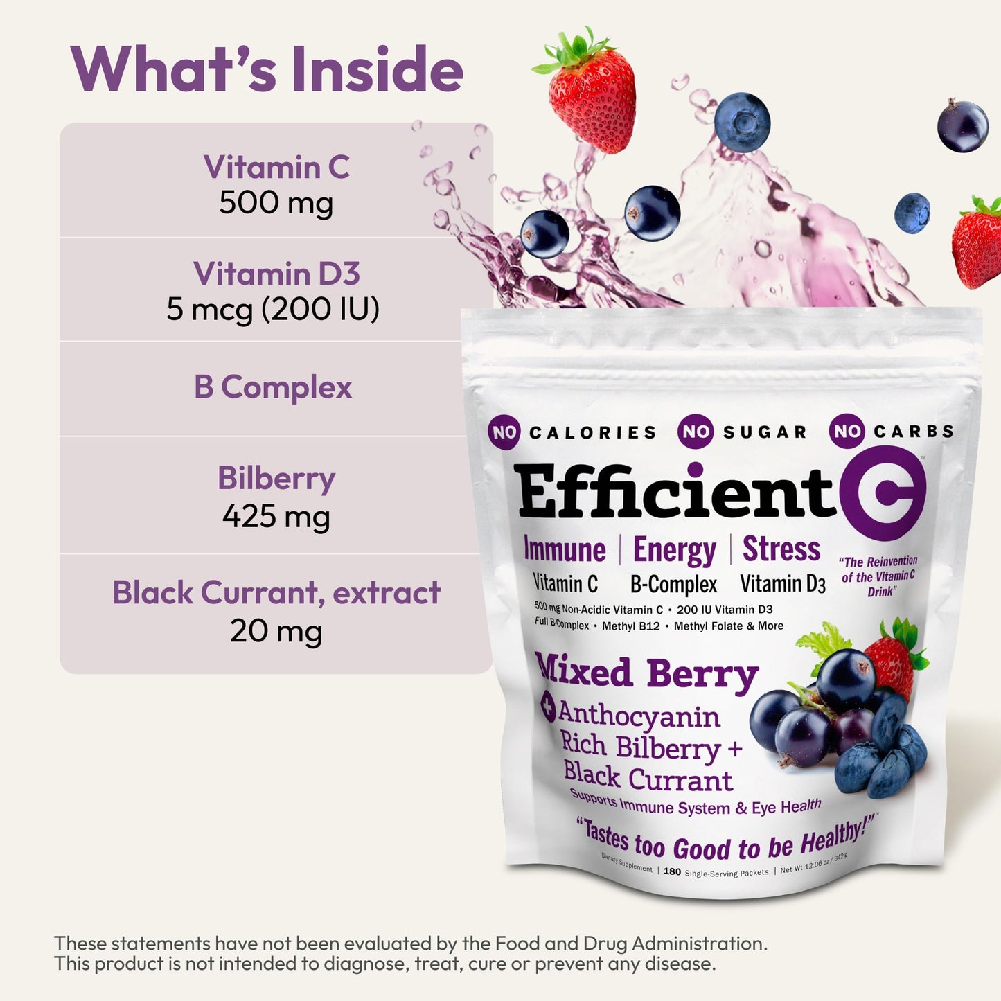 ANDREW LESSMAN Efficient C Mixed Berry 180 Packets — Non-Calorie Vitamin C Drink for Immune, Energy & Eye Health