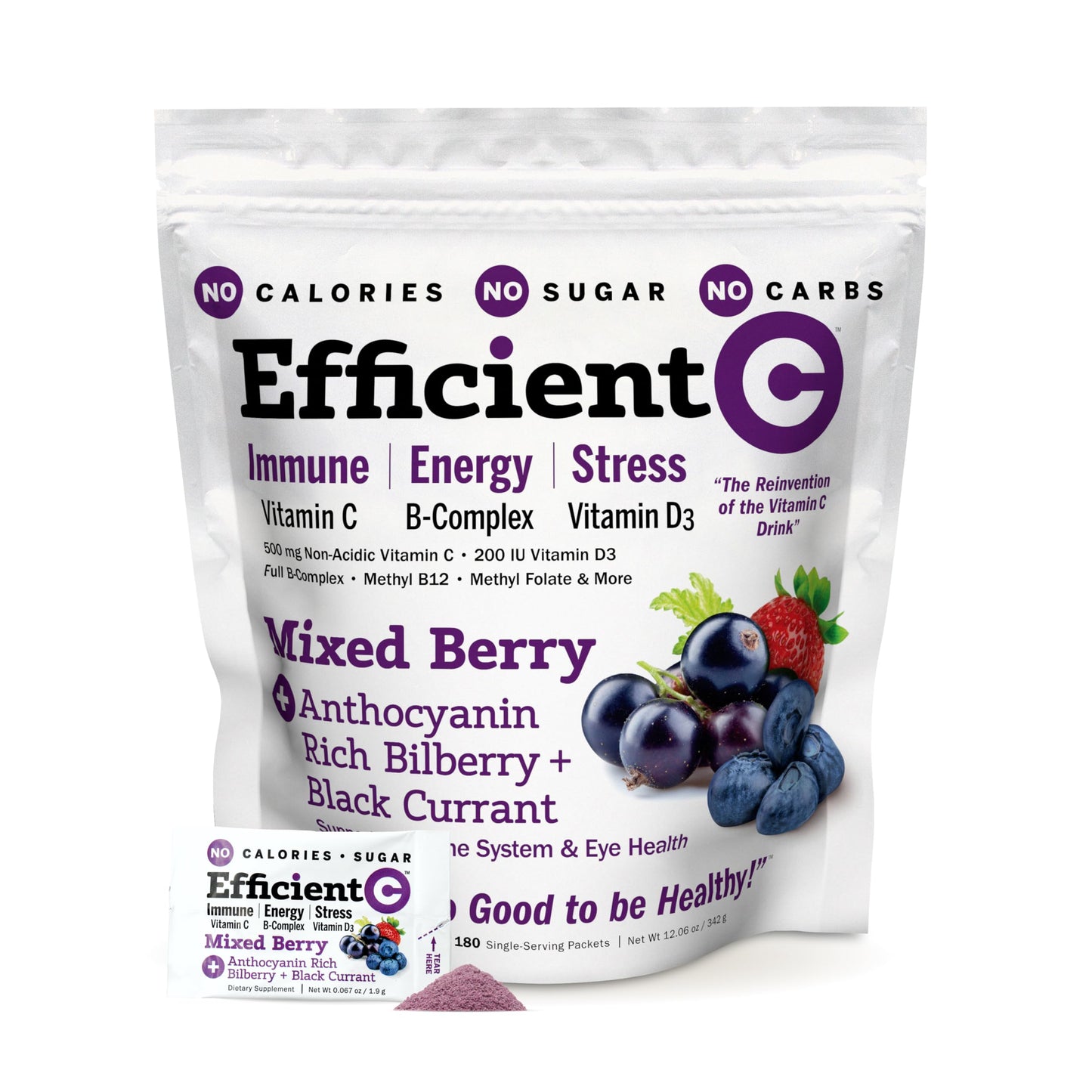 ANDREW LESSMAN Efficient C Mixed Berry 180 Packets — Non-Calorie Vitamin C Drink for Immune, Energy & Eye Health