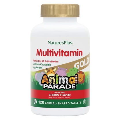 Natures Plus Animal Parade Gold Kids Multivitamin – Cherry Flavor, 60 Animal-Shaped Tablets (D3, K2) | Vegetarian & Gluten Free