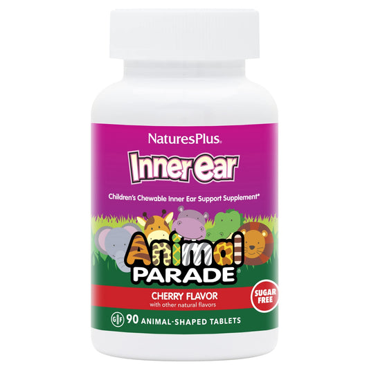 Natures Plus Animal Parade Inner Ear Support – أقراص بروبيوتيك للمضغ للأطفال (كرز، 90 قرصًا)