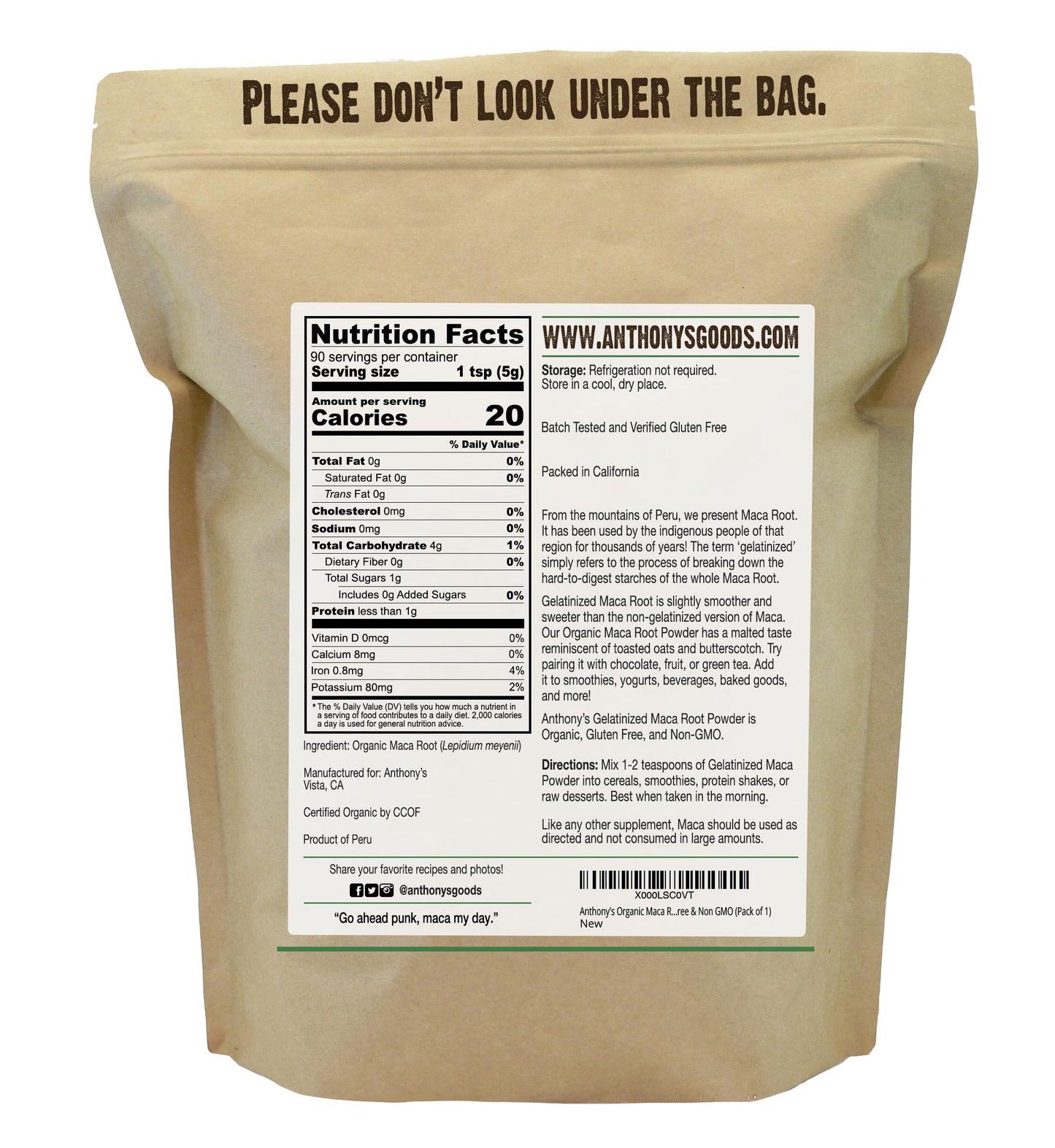 Anthony's Organic Maca Root Powder 1 lb – Gelatinized, Gluten Free & Non-GMO