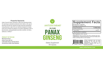 Antler Farms 100% Pure Panax Ginseng Extract - 180 Capsules, 500mg | Changbai Mountains