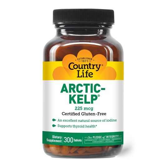 Country Life Arctic-Kelp – اليود الطبيعي لدعم الغدة الدرقية والمناعة، 225 مكغ، 300 قرص | نباتي وخالٍ من الغلوتين
