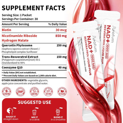 Arofum NAD+ Supplement 1000mg Liquid – 30 Packets | NR 850mg, Resveratrol & CoQ10