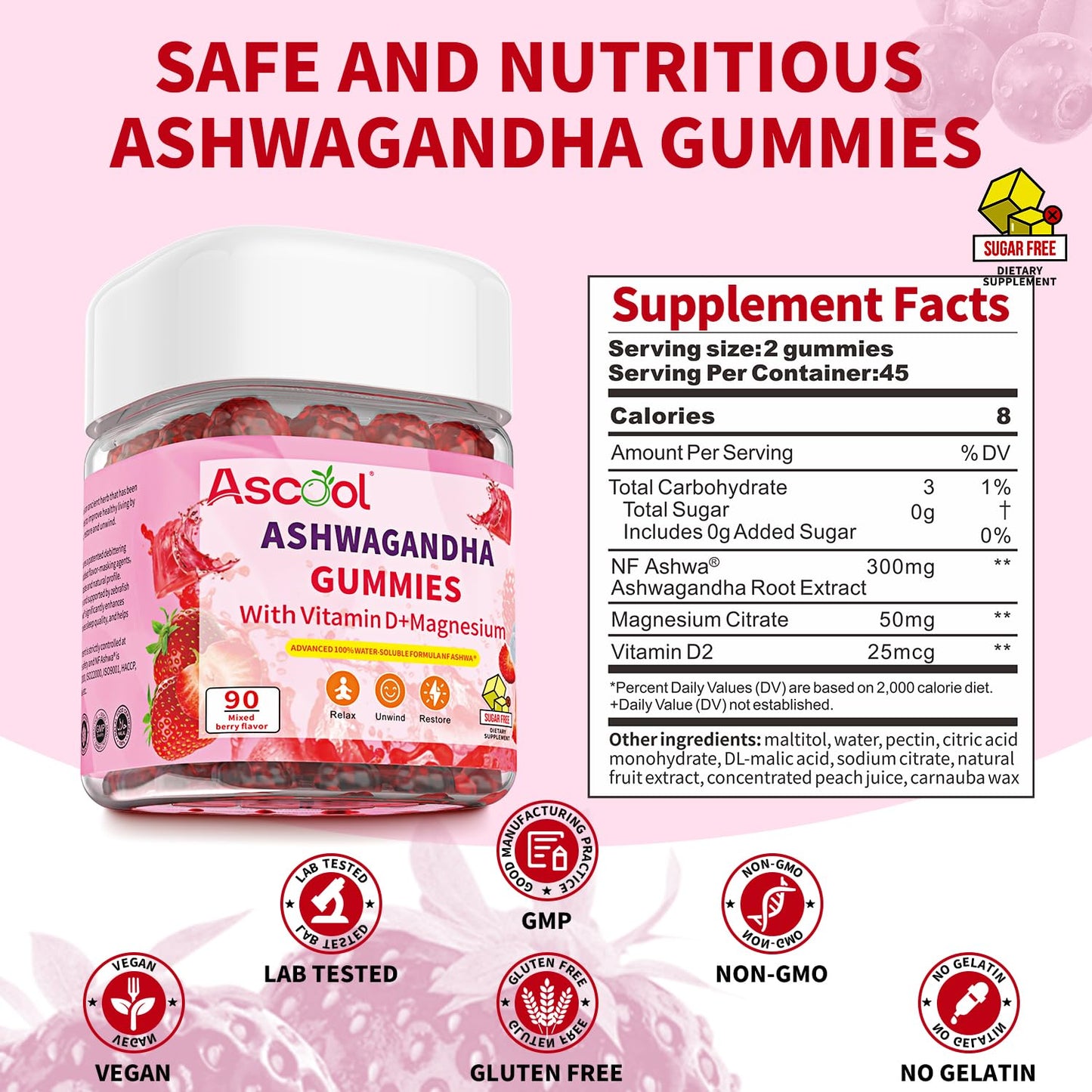 Ascool Ashwagandha Gummies – Sugar Free, Vitamin D & Magnesium, 90ct Vegan