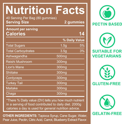 Ashwagandha Gummies with Super Mushroom Blend – Immune Support & Focus (Vegan, 80 Ct)