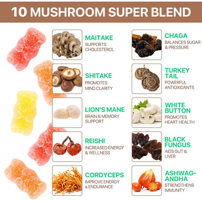 Ashwagandha Gummies with Super Mushroom Blend – Immune Support & Focus (Vegan, 80 Ct)