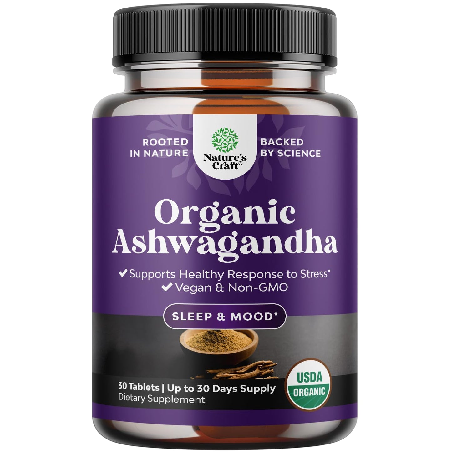 High Strength Organic Ashwagandha Tablets – Mood Support & Hormone Balance (30 Ct) with Black Pepper