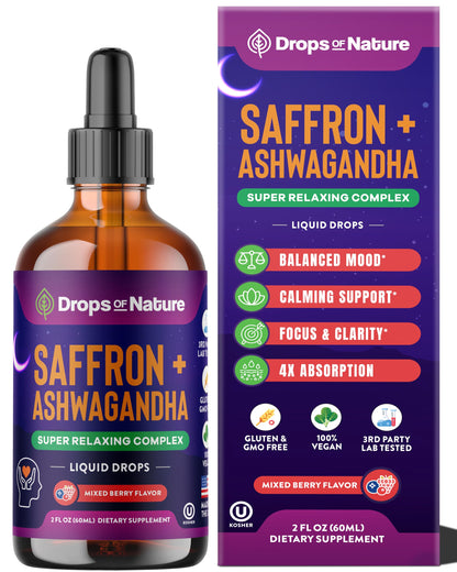Ashwagandha & Saffron Supplement with KSM-66 – Vegan, Gluten-Free (60ml) – Mixed Berry