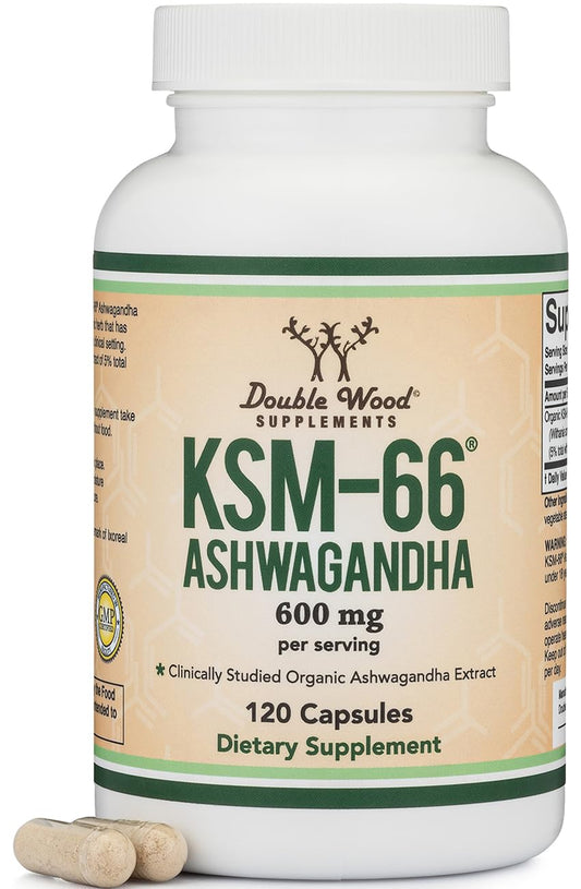 أشواغاندا KSM-66 العضوية من Double Wood بتركيز 600 ملغ | 120 كبسولة | مادة طبيعية مكيفة (أدابتوجين) مدروسة سريريًا