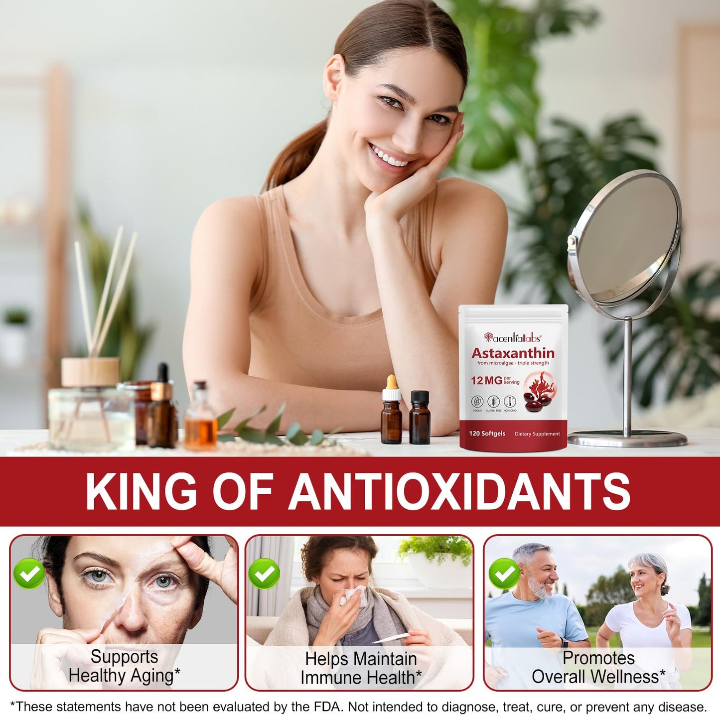 Astaxanthin 12mg, Premium Astaxanthin Antioxidant Supplements | Fresh Microalgae Source | Supports Eye, Joint, Internal Circulation, Skin Health, Non-GMO & No Gluten, 120 Softgels, 4 Month Supply