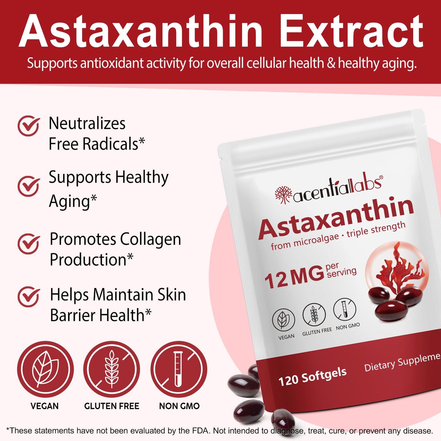 Astaxanthin 12mg, Premium Astaxanthin Antioxidant Supplements | Fresh Microalgae Source | Supports Eye, Joint, Internal Circulation, Skin Health, Non-GMO & No Gluten, 120 Softgels, 4 Month Supply