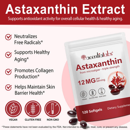 Astaxanthin 12mg, Premium Astaxanthin Antioxidant Supplements | Fresh Microalgae Source | Supports Eye, Joint, Internal Circulation, Skin Health, Non-GMO & No Gluten, 120 Softgels, 4 Month Supply