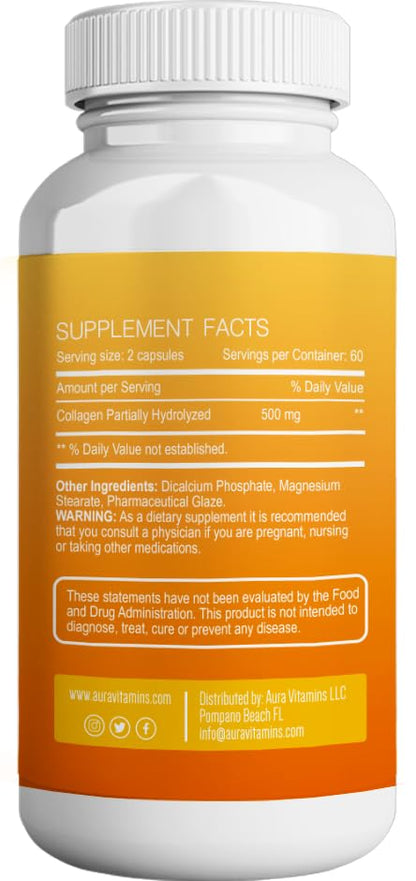 AURA VITAMINS Hydrolyzed Collagen Powder Supplement for Hair, Skin, Nails, Bones & Joints | Grass-Fed Collagen Peptides 200gr
