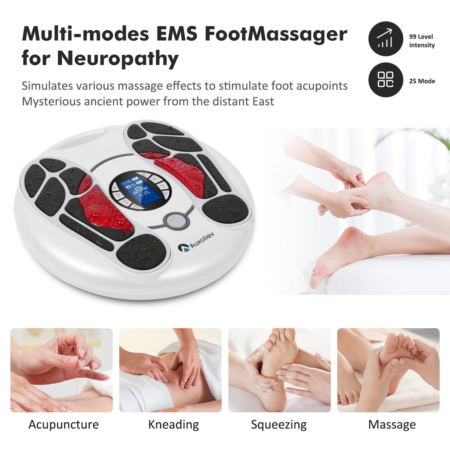 Auxoliev EMS Foot Massager for Neuropathy — 25 Modes, 99 Intensities, 4 TENS Pads, FSA Eligible