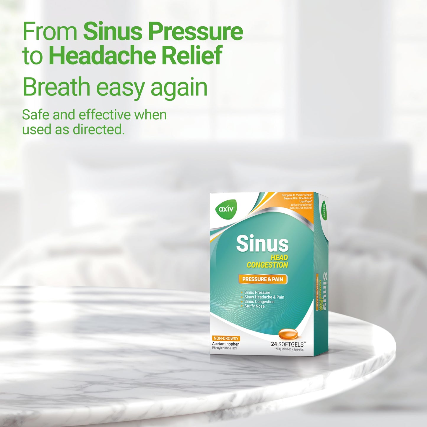 AXIV Sinus Head Congestion Relief - Non-Drowsy, Maximum Strength Sinus Pressure & Stuffy Nose - 24 Softgels