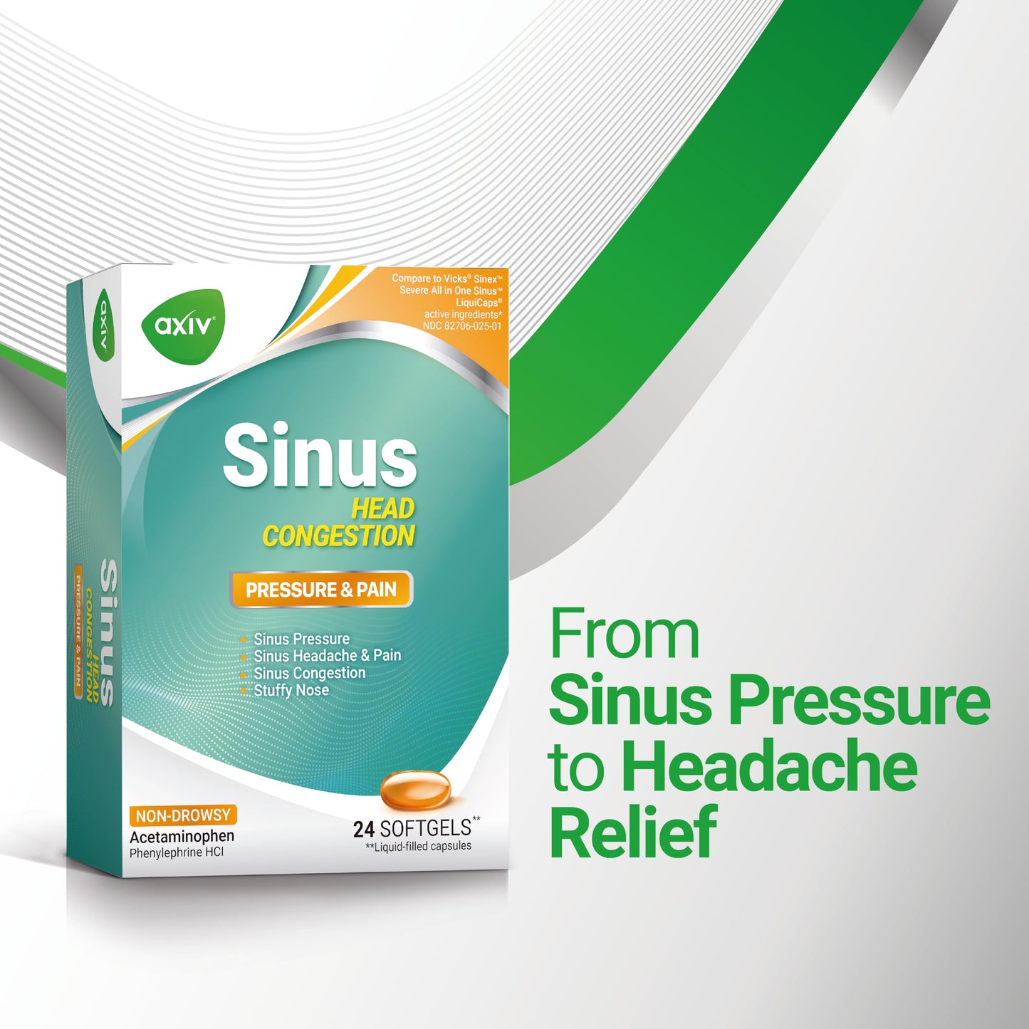 AXIV Sinus Head Congestion Relief - Non-Drowsy, Maximum Strength Sinus Pressure & Stuffy Nose - 24 Softgels
