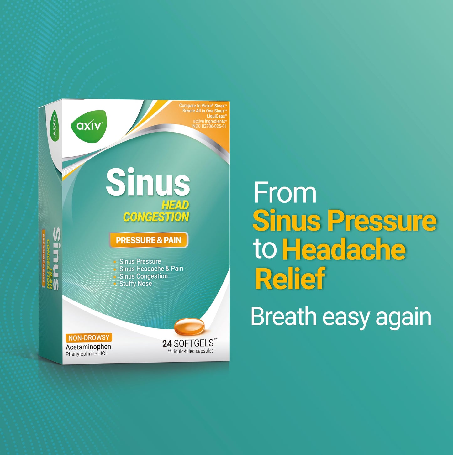 AXIV Sinus Head Congestion Relief - Non-Drowsy, Maximum Strength Sinus Pressure & Stuffy Nose - 24 Softgels