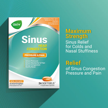 AXIV Sinus Head Congestion Relief - Non-Drowsy, Maximum Strength Sinus Pressure & Stuffy Nose - 24 Softgels